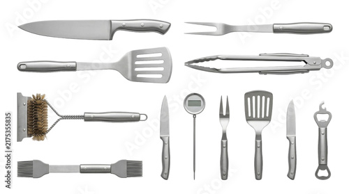 Fotografía Collection of stainless steel barbecue grilling tools and kitchen utensils