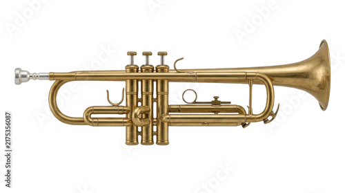 Canvas Print Golden brass trumpet with silver mouthpiece and valves, isolated on white backgr