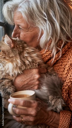 Warm light glows on wrinkled face and soft white hair. Woman hugs fluffy cat, eyes closed in quiet contentment. Cup of tea held gently, comfort in simple moments. Cozy, peaceful moment with senior