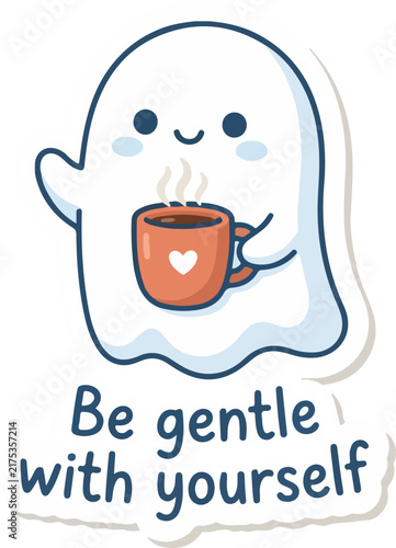Cute ghost holding a heart coffee cup