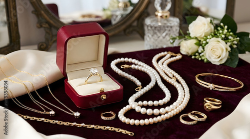 Gold Jewelry Collection With Diamond Engagement Ring In Red Box And Pearl Necklaces