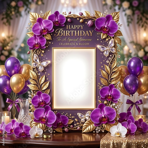 Elegant happy birthday photo frame decorated with purple orchids and golden leaves for a festive celebration