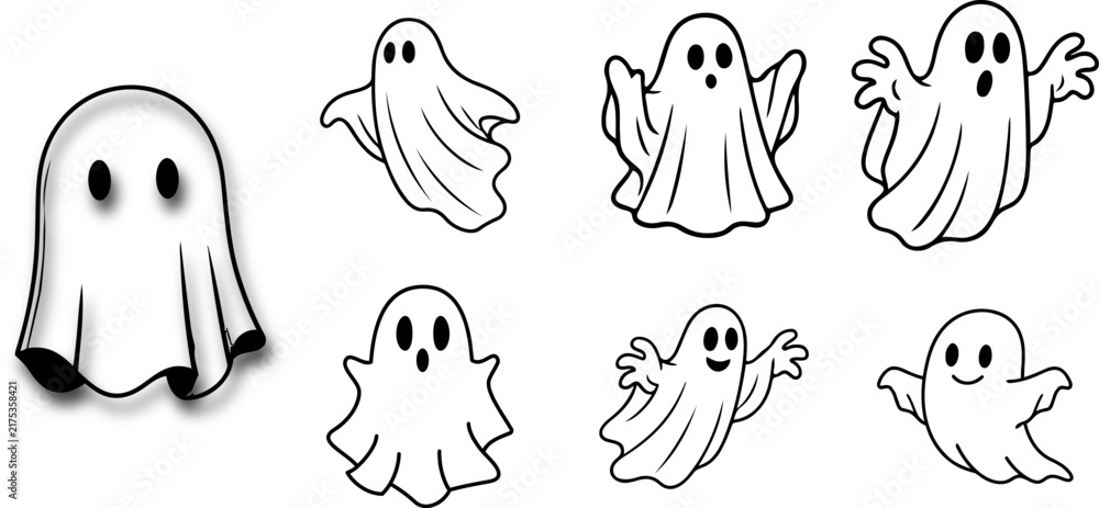 Fototapeta premium Set of cute hand drawn ghost characters for halloween decorations and spooky themed graphic design projects