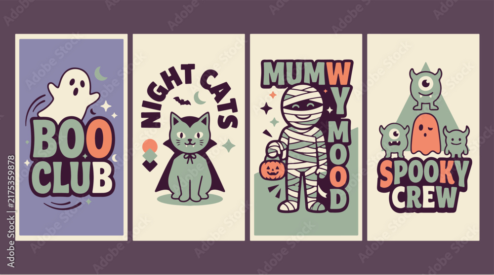 Naklejka premium Spooky halloween club banner with boo club nightmare scream spooky crew text in orange and purple