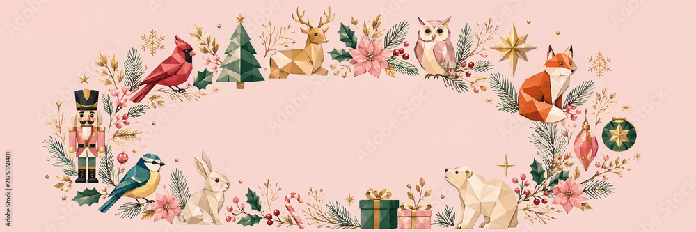 Obraz premium Low poly Christmas wreath with woodland animals and festive decorations