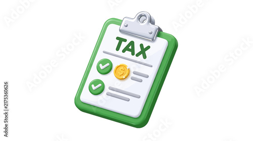 3d icon of a tax clipboard with checkmarks and a gold coin on a transparent background