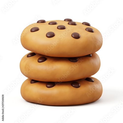 3D Stack of three delicious chocolate chip cookies on white background with cookie stack