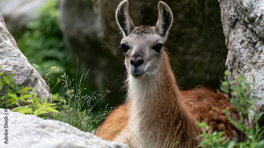 Fototapeta premium A llama with large ears and soft fur rests among rocks and green plants in a natural outdoor setting