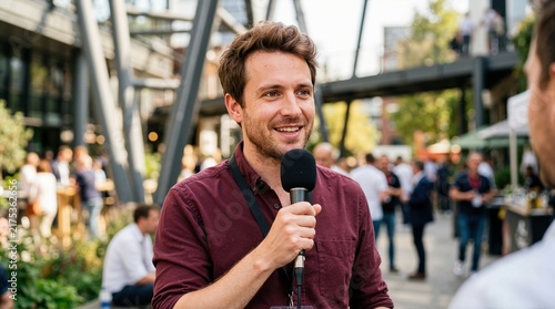 Smiling male journalist holding a microphone on location. Professional reporter preparing for a live broadcast at an outdoor public event. News media and television broadcasting concept