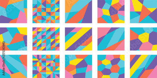 Abstract Mosaic Patterns: A collection of vibrant, geometric mosaic tiles arranged in a grid, showcasing a playful mix of angular shapes and organic forms in a kaleidoscope of cheerful colors.