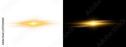 Golden light effect with horizontal lens flare and glowing rays, abstract bright beam isolated on transparent background