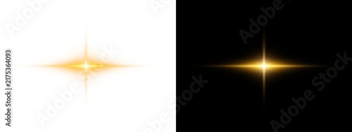 Golden glowing star light effect with lens flare and sparkles, bright sun rays isolated on transparent background