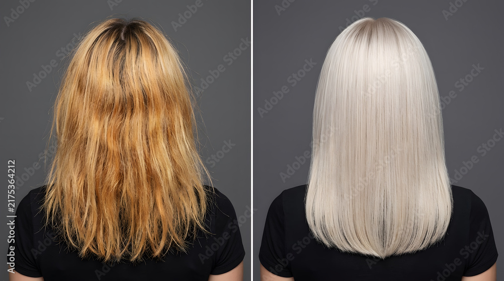 Fototapeta premium blonde hair transformation before and after | cool platinum blonde toner results | brassy hair correction professional salon | damaged hair to silky smooth blonde