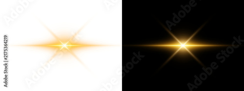 Golden star light effect with lens flare and sparkles isolated on transparent background