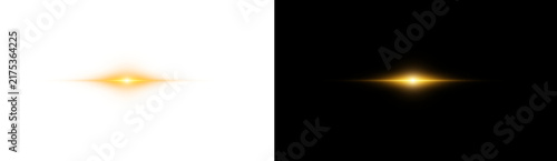 Golden horizontal lens flare light effect with glowing rays, isolated on transparent background