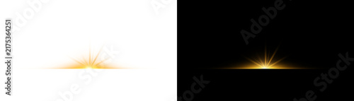 Golden light effect with rays and lens flare, glowing sunburst element for design, isolated on transparent background