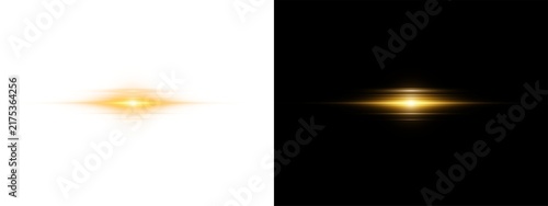 Golden horizontal lens flare effect with light streaks, glowing star burst, and soft rays, isolated on transparent background