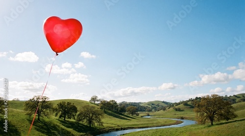 Red heart-shaped balloon floating over a green landscape with river  