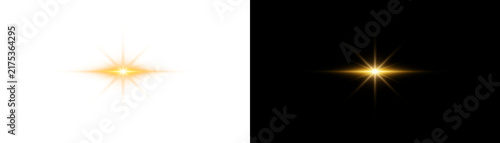 Golden star light effect with rays and lens flare, glowing sun burst, sparkling glitter element for design, isolated on transparent background
