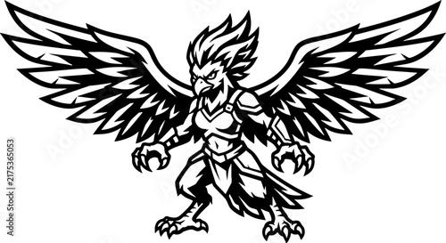 Aggressive Harpy Warrior Mascot Illustration with Spread Wings