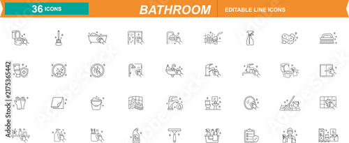 Bathroom line icons set, 36 editable stroke vector symbols. Modern washroom outline icons for plumbing, hygiene, and home interior design. ,Clean grouped each vector icon.