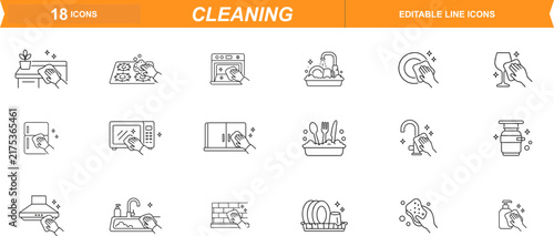 Cleaning service line icons, set of 18 household hygiene symbols. Kitchen appliance sanitation and dishwashing vector graphics for web design. ,Clean grouped each vector icon.