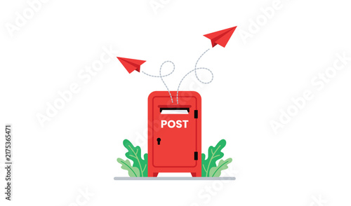 Red mailbox with paper planes flying out, vector illustration of postal service concept vector