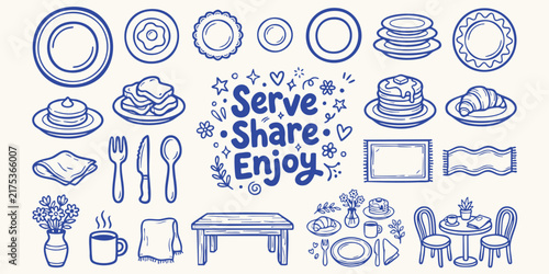 Hand drawn doodle elements for dining and serving with a central phrase in blue ink on a cream background
