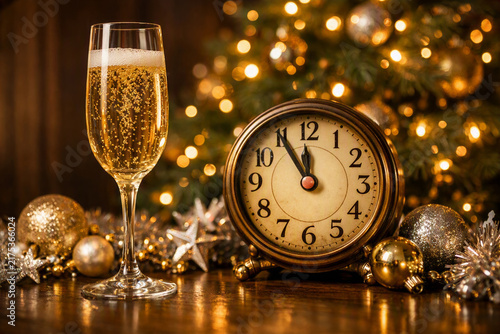 Glass of sparkling champagne stands beside a vintage clock showing 11:55, with warm golden Christmas lights and ornaments in background. Festive New Year’s Eve. Celebration visuals.