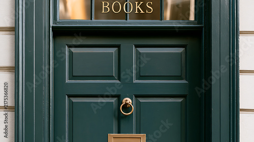 Charming dark green wooden bookstore entrance door with classic architectural detail, brass knocker, and glass transom window overhead