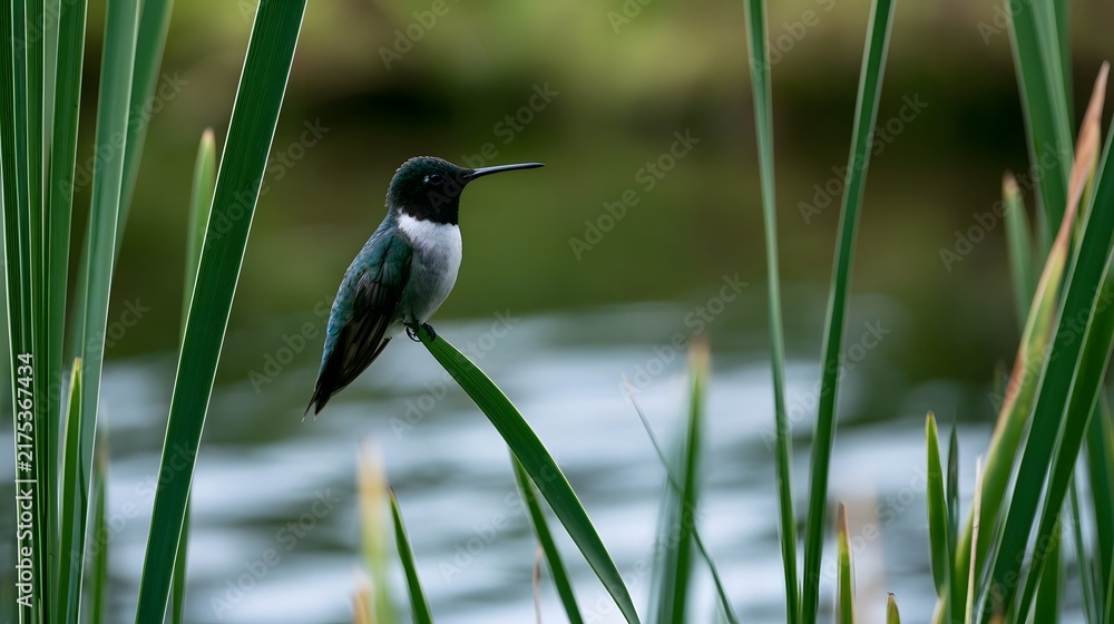 Fototapeta premium A small hummingbird perches delicately on a green reed stem beside a calm body of water with soft blurred foliage in the background