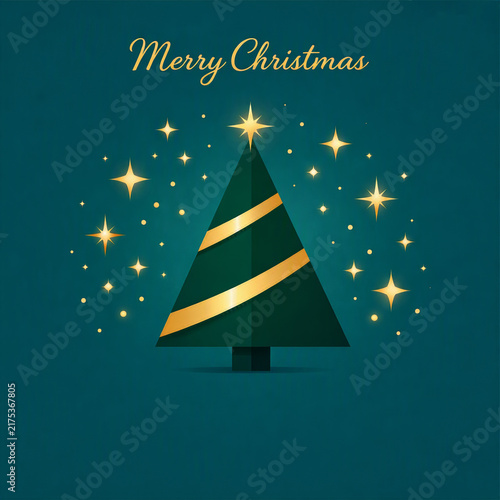 Dark‑green Christmas tree wrapped in golden spiral ribbon stands surrounded by glowing stars on deep teal background, with elegant “Merry Christmas” text creating a festive, stylish holiday design.