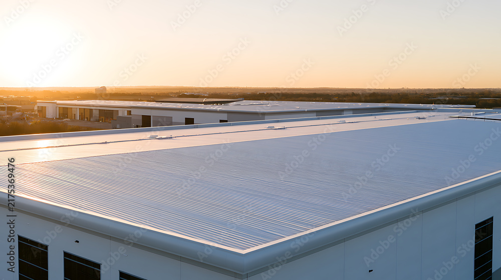 Obraz premium Industrial warehouse rooftop view at sunrise with modern commercial architecture, metal panel roof design and urban horizon landscape