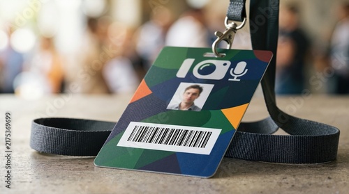 Close up of a press pass badge with barcode. Media credential card with lanyard on a table. Journalism and event access concept