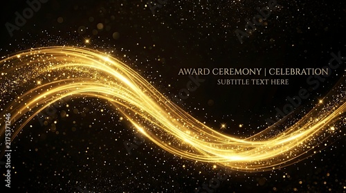 Elegant Golden Wave with Sparkling Glitter and Bokeh Lights on Black Background for Award Ceremony, Gala, and Luxury Celebration Banner