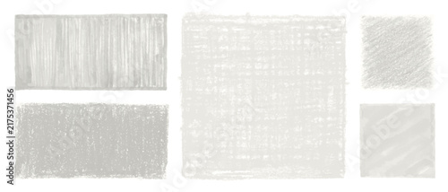 Collection of Six Varied Monochrome Gray Hand-Drawn Pencil Charcoal Crayon Hatching Scribble Grainy Crosshatch Textured Rectangular Swatches Vector Illustration