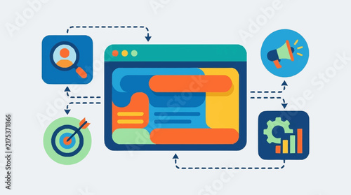 Digital marketing strategy workflow with user targeting, analytics, and promotion icons.
