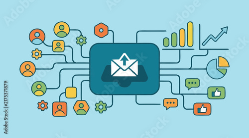 Email marketing network concept with user profiles and data analytics icons.