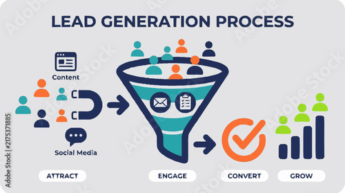 Lead generation process infographic with marketing funnel and growth chart icons.