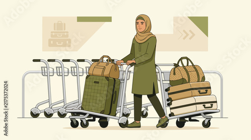 Woman with Luggage Cart at Airport Terminal
