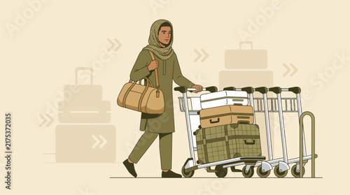 Woman with luggage cart at airport, travel concept, isolated illustration