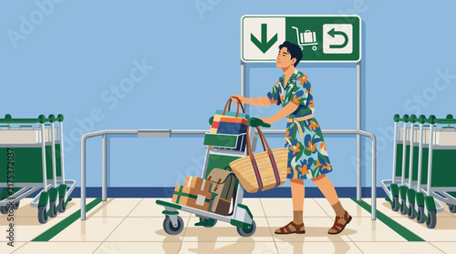 Woman with Luggage Cart at Airport Terminal, Travel Illustration