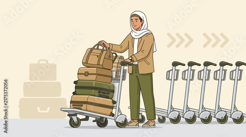 Woman with luggage cart at airport, travel concept, isolated