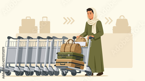 Woman with luggage cart at airport, travel illustration, isolated on transparent background
