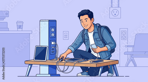 Young man charging devices at public charging station