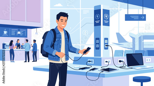 Young Man Charging Devices at Airport Tech Station
