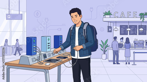 Young man charging devices at modern public charging station in cafe