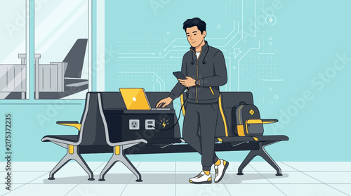 Young Man Charging Devices at Airport Waiting Area with Laptop and Phone