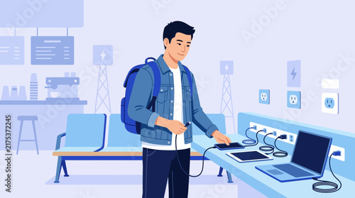 Young Man Charging Devices at Public Station with Laptop and Tablet