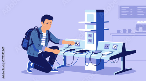 Young Man Charging Devices at Public Station, Digital Nomad Lifestyle